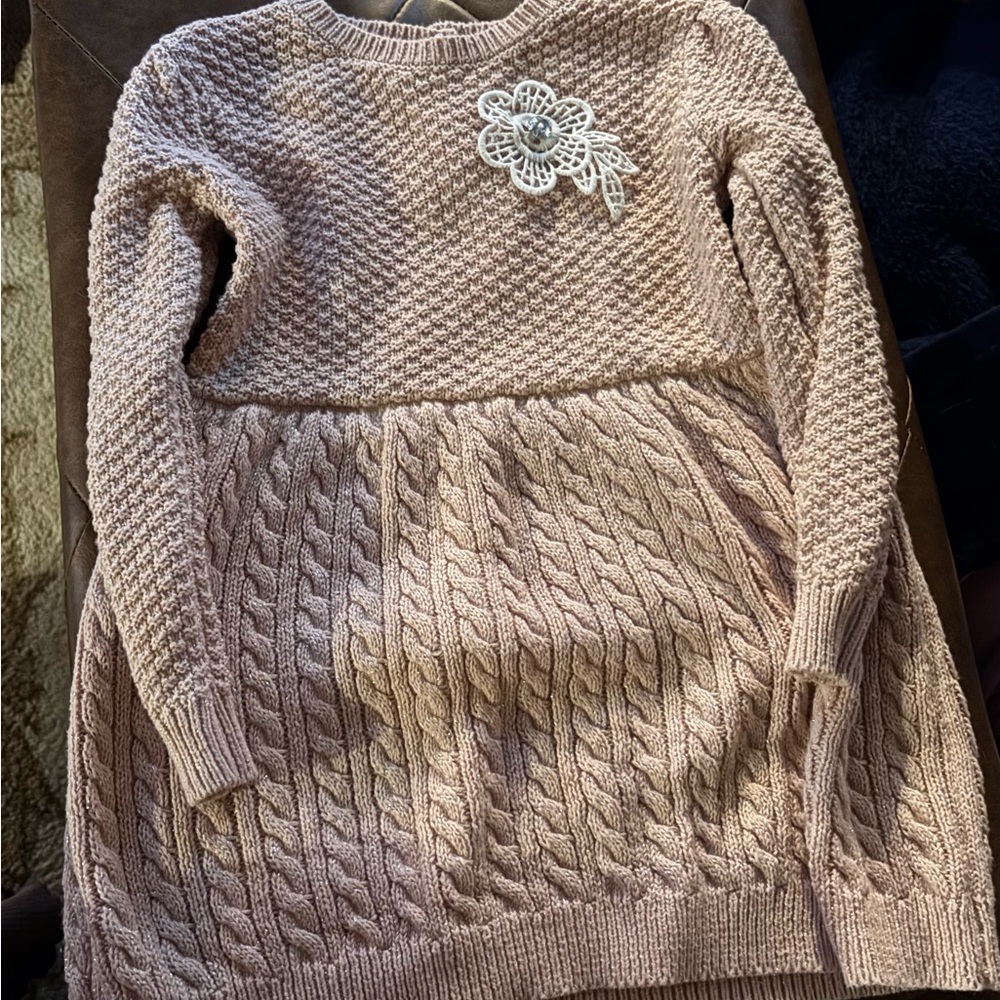 Little Lass Pink Knit Dress with Flower Accent